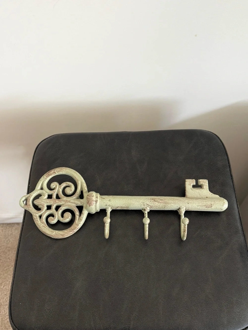 Decorative Vintage Key Wall Hook in Distressed Sage Green Rod Iron